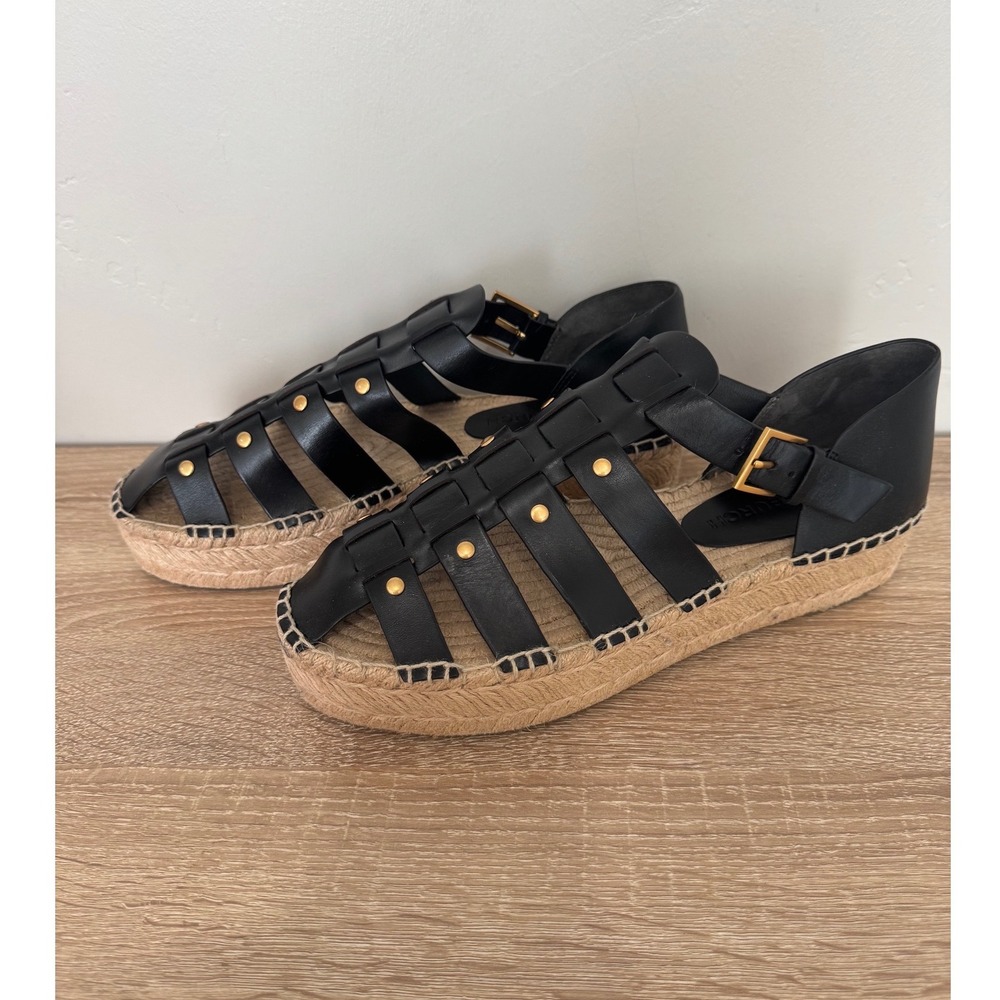 NEWnTory Burch Fisherman Flatform Espadrille Black Leather Sandals 90554 Size 11